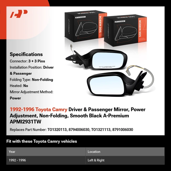 1992-1996 Toyota Camry Driver & Passenger Mirror, Power Adjustment, Non-Folding, Smooth Black A-Premium APMI2931TW