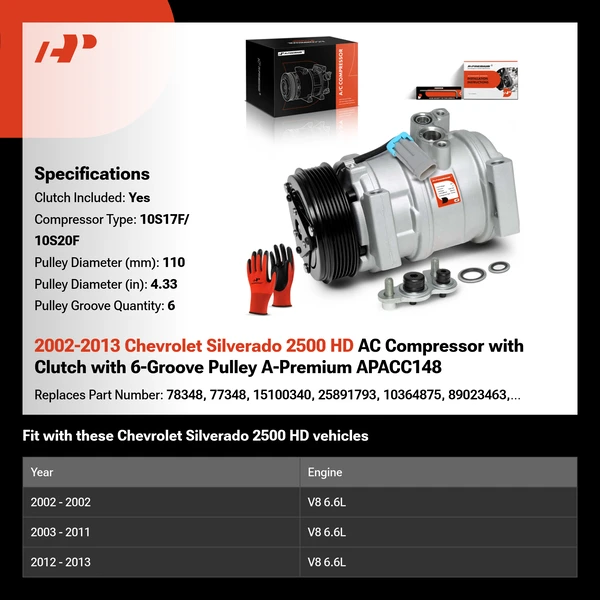 2002-2013 Chevrolet Silverado 2500 HD AC Compressor with Clutch with 6-Groove Pulley A-Premium APACC148