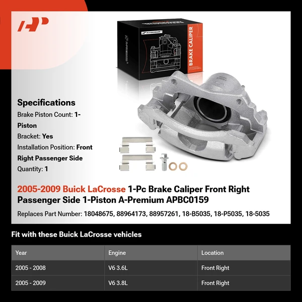 2005-2009 Buick LaCrosse 1-Pc Brake Caliper Front Right Passenger Side 1-Piston A-Premium APBC0159