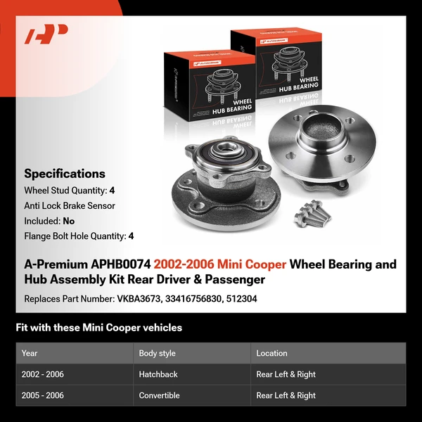A-Premium APHB0074 2002-2006 Mini Cooper Wheel Bearing and Hub Assembly Kit Rear Driver & Passenger