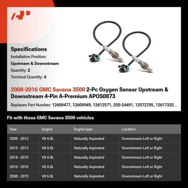 2008-2016 GMC Savana 3500 2-Pc Oxygen Sensor Upstream & Downstream 4-Pin A-Premium APOS0873