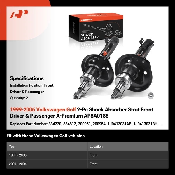 1999-2006 Volkswagen Golf 2-Pc Shock Absorber Strut Front Driver & Passenger A-Premium APSA0188