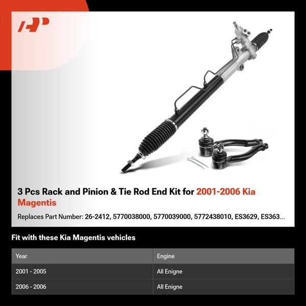 3 Pcs Rack and Pinion & Tie Rod End Kit for 2001-2006 Kia Magentis