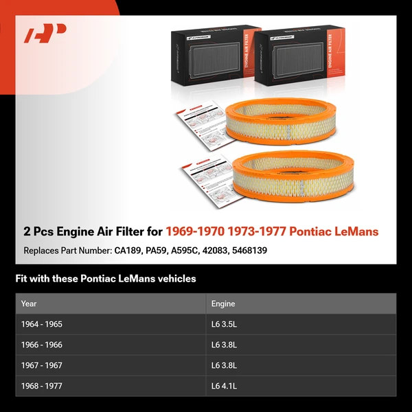 2 Pcs Engine Air Filter for 1969-1970 1973-1977 Pontiac LeMans