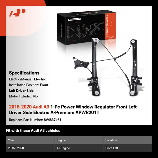 2015-2020 Audi A3 1-Pc Power Window Regulator Front Left Driver Side Electric A-Premium APWR2011