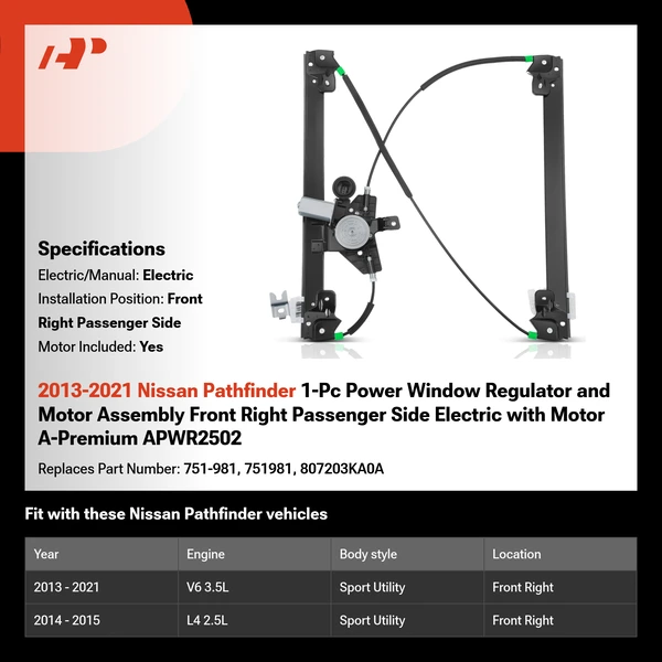 2013-2021 Nissan Pathfinder 1-Pc Power Window Regulator and Motor Assembly Front Right Passenger Side Electric with Motor A-Premium APWR2502