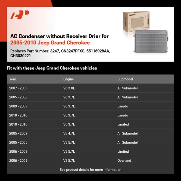 AC Condenser without Receiver Drier for 2005-2010 Jeep Grand Cherokee