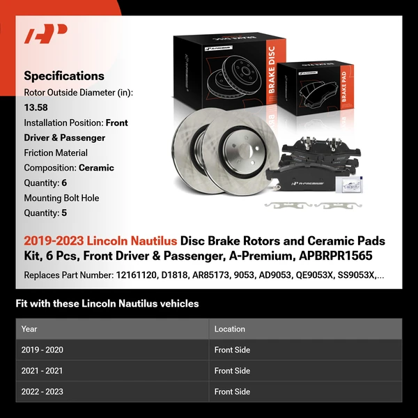 2019-2023 Lincoln Nautilus Disc Brake Rotors and Ceramic Pads Kit, 6 Pcs, Front Driver & Passenger, A-Premium, APBRPR1565
