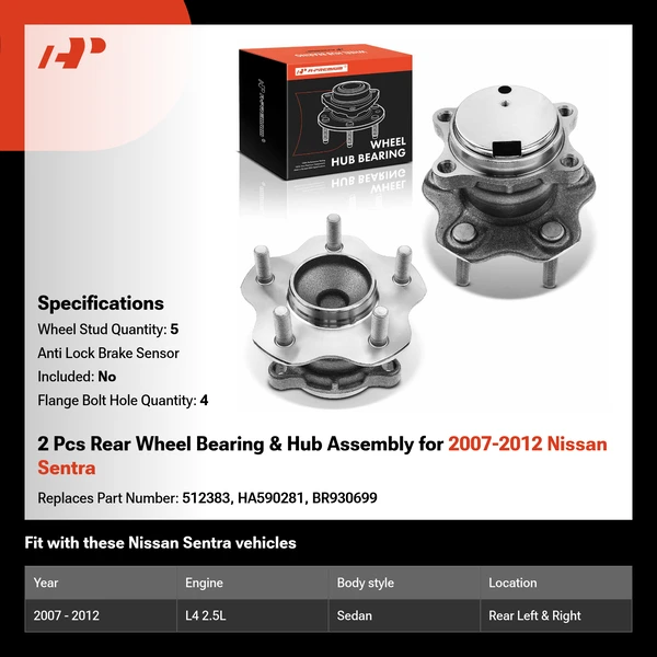 2 Pcs Rear Wheel Bearing & Hub Assembly for 2007-2012 Nissan Sentra