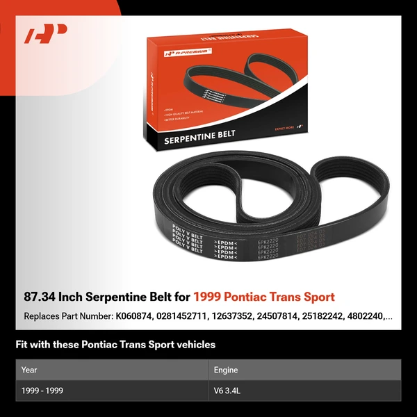 87.34 Inch Serpentine Belt for 1999 Pontiac Trans Sport