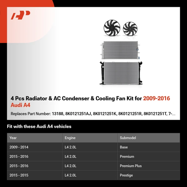 4 Pcs Radiator & AC Condenser & Cooling Fan Kit for 2009-2016 Audi A4