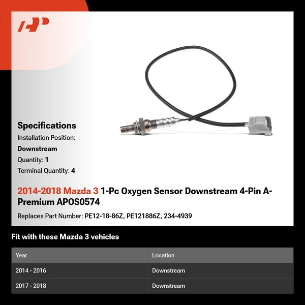 2014-2018 Mazda 3 1-Pc Oxygen Sensor Downstream 4-Pin A-Premium APOS0574