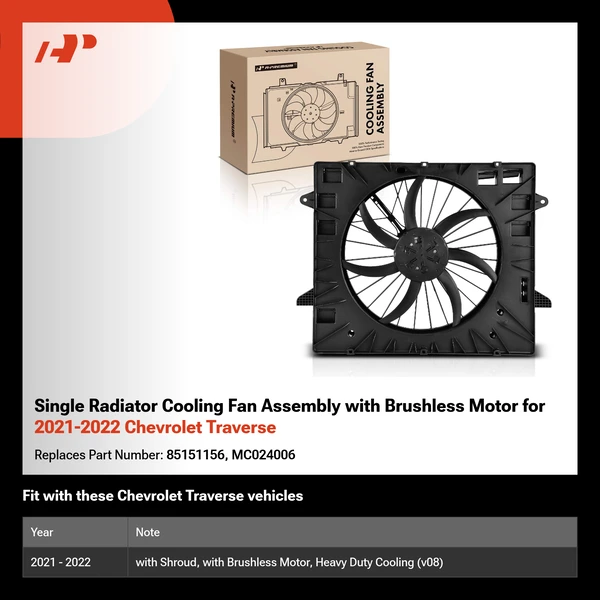 Single Radiator Cooling Fan Assembly with Brushless Motor for 2021-2022 Chevrolet Traverse