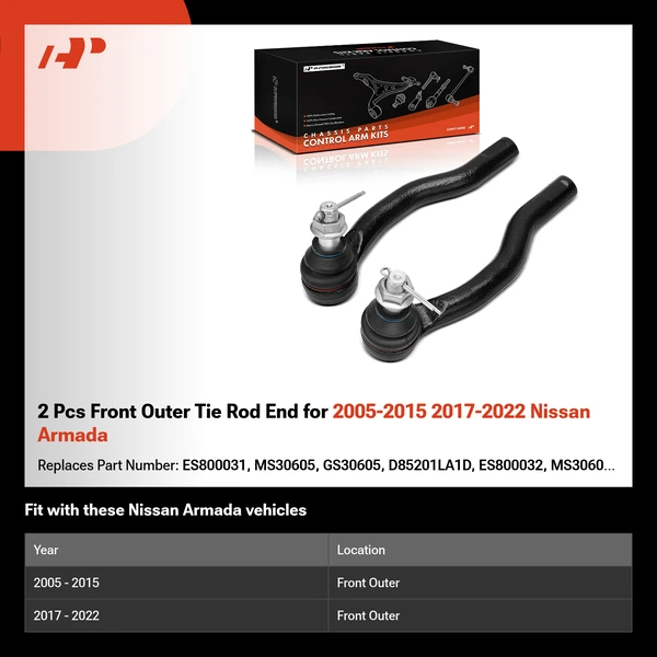 2 Pcs Front Outer Tie Rod End for 2005-2015 2017-2022 Nissan Armada