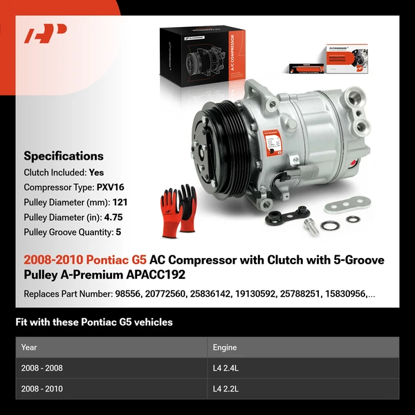 2008-2010 Pontiac G5 AC Compressor with Clutch with 5-Groove Pulley A-Premium APACC192