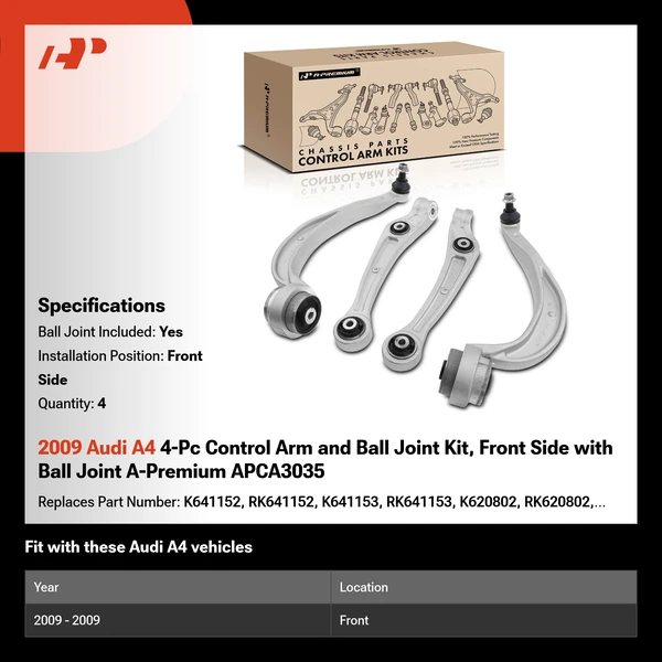 2009 Audi A4 4-Pc Control Arm and Ball Joint Kit, Front Side with Ball Joint A-Premium APCA3035