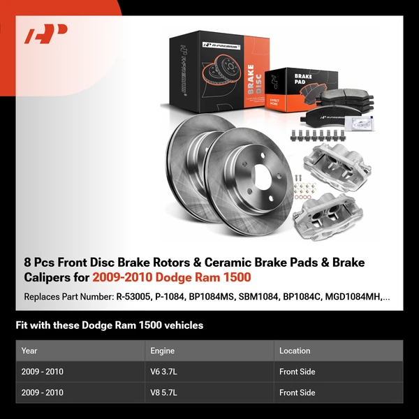 8 Pcs Front Disc Brake Rotors & Ceramic Brake Pads & Brake Calipers for 2009-2010 Dodge Ram 1500