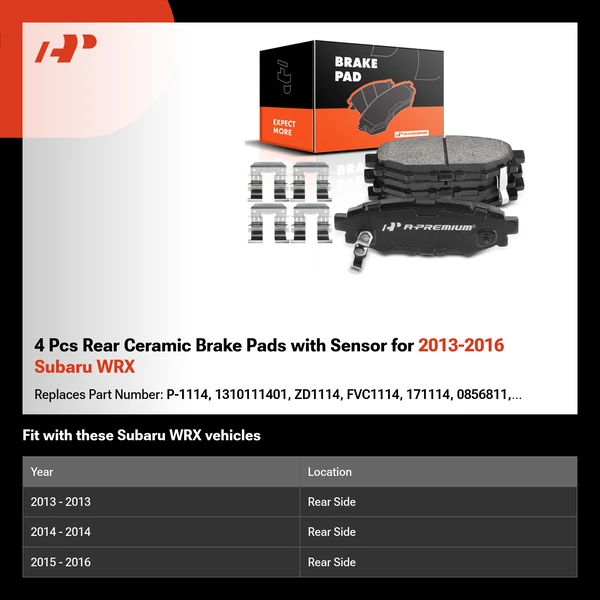 4 Pcs Rear Ceramic Brake Pads with Sensor for 2013-2016 Subaru WRX