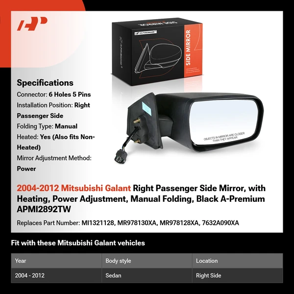 2004-2012 Mitsubishi Galant Right Passenger Side Mirror, with Heating, Power Adjustment, Manual Folding, Black A-Premium APMI2892TW