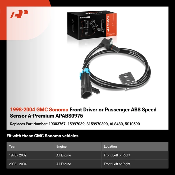 1998-2004 GMC Sonoma Front Driver or Passenger ABS Speed Sensor A-Premium APABS0975