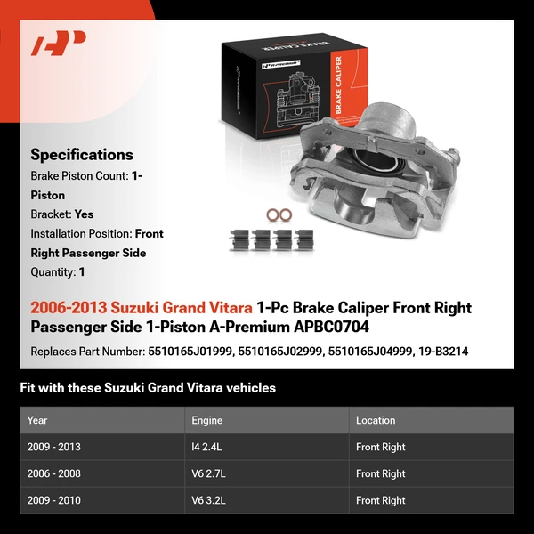 2006-2013 Suzuki Grand Vitara 1-Pc Brake Caliper Front Right Passenger Side 1-Piston A-Premium APBC0704