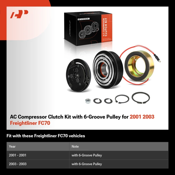 AC Compressor Clutch Kit with 6-Groove Pulley for 2001 2003 Freightliner FC70