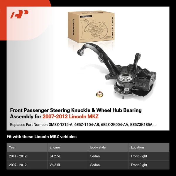 Front Passenger Steering Knuckle & Wheel Hub Bearing Assembly for 2007-2012 Lincoln MKZ