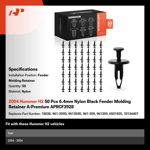 2004 Hummer H2 50 Pcs 6.4mm Nylon Black Fender Molding Retainer A-Premium APRCF3928
