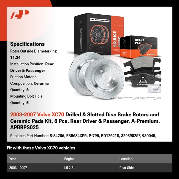 2003-2007 Volvo XC70 Drilled & Slotted Disc Brake Rotors and Ceramic Pads Kit, 6 Pcs, Rear Driver & Passenger, A-Premium, APBRPS025