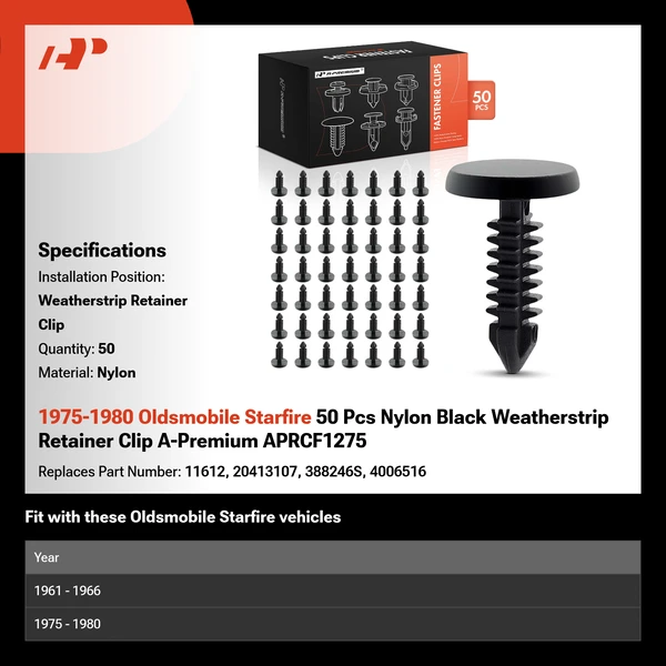 1975-1980 Oldsmobile Starfire 50 Pcs Nylon Black Weatherstrip Retainer Clip A-Premium APRCF1275