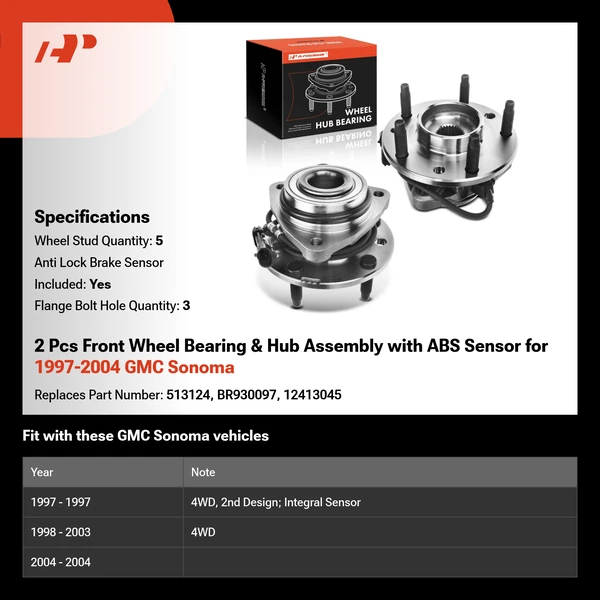 2 Pcs Front Wheel Bearing & Hub Assembly with ABS Sensor for 1997-2004 GMC Sonoma