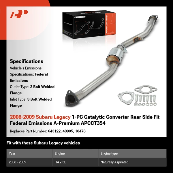 2006-2009 Subaru Legacy 1-PC Catalytic Converter Rear Side Fit Federal Emissions A-Premium APCCT354