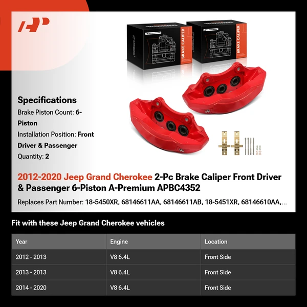 2012-2020 Jeep Grand Cherokee 2-Pc Brake Caliper Front Driver & Passenger 6-Piston A-Premium APBC4352