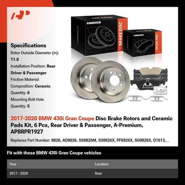 2017-2020 BMW 430i Gran Coupe Disc Brake Rotors and Ceramic Pads Kit, 6 Pcs, Rear Driver & Passenger, A-Premium, APBRPR1927