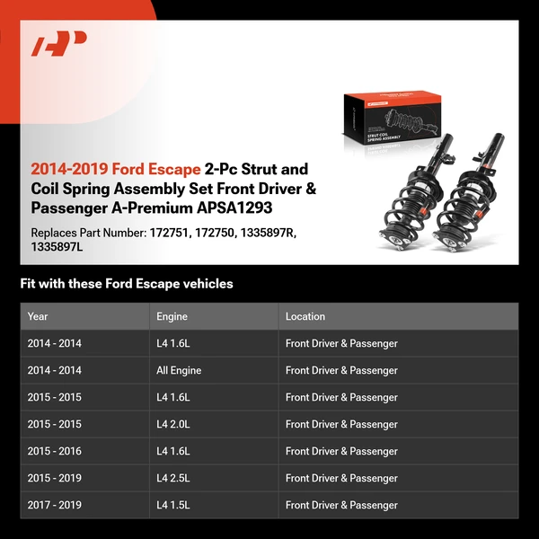 2014-2019 Ford Escape 2-Pc Strut and Coil Spring Assembly Set Front Driver & Passenger A-Premium APSA1293