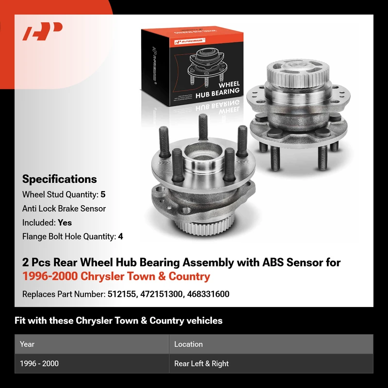 2 Pcs Rear Wheel Hub Bearing Assembly with ABS Sensor for 1996-2000 Chrysler Town & Country
