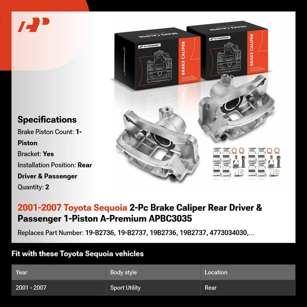 2001-2007 Toyota Sequoia 2-Pc Brake Caliper Rear Driver & Passenger 1-Piston A-Premium APBC3035
