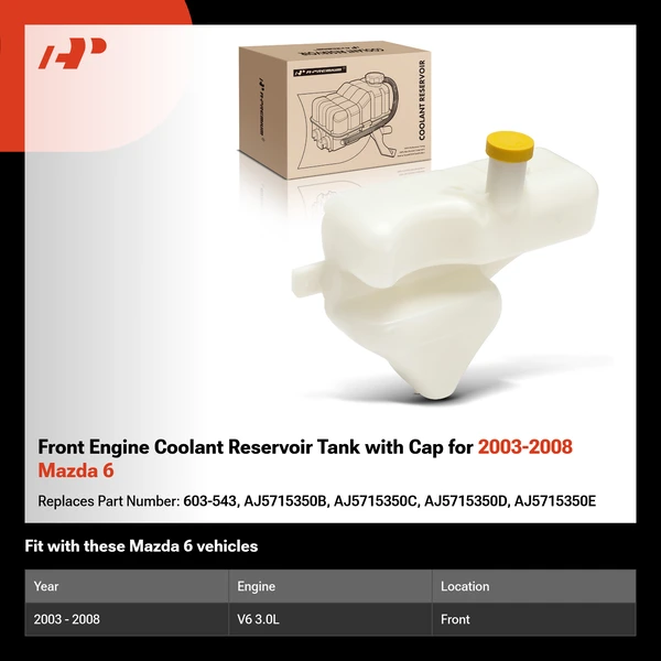 Front Engine Coolant Reservoir Tank with Cap for 2003-2008 Mazda 6