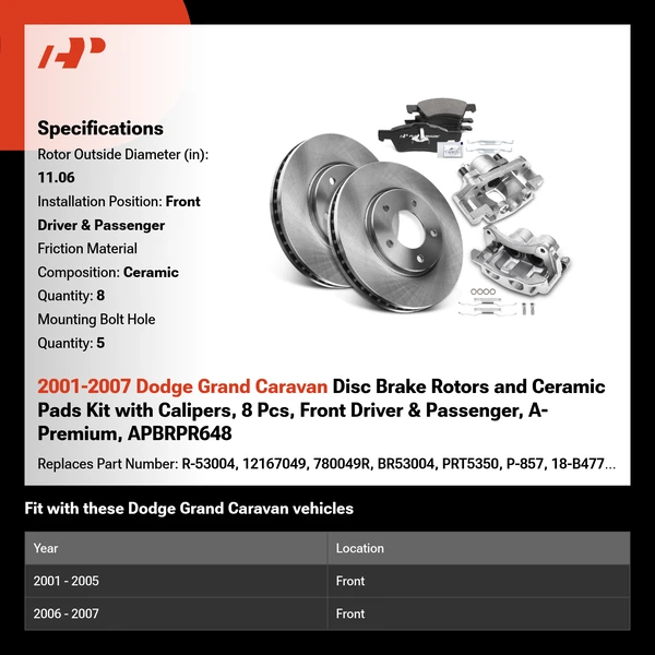 2001-2007 Dodge Grand Caravan Disc Brake Rotors and Ceramic Pads Kit with Calipers, 8 Pcs, Front Driver & Passenger, A-Premium, APBRPR648