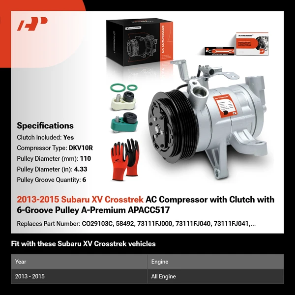 2013-2015 Subaru XV Crosstrek AC Compressor with Clutch with 6-Groove Pulley A-Premium APACC517