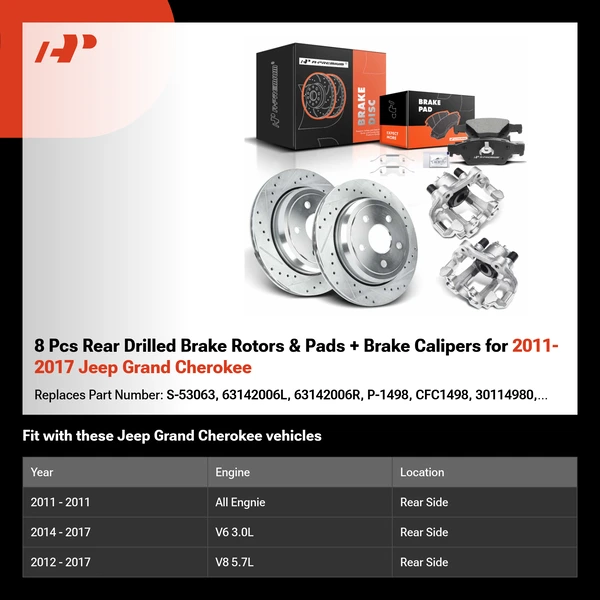 8 Pcs Rear Drilled Brake Rotors & Pads + Brake Calipers for 2011-2017 Jeep Grand Cherokee