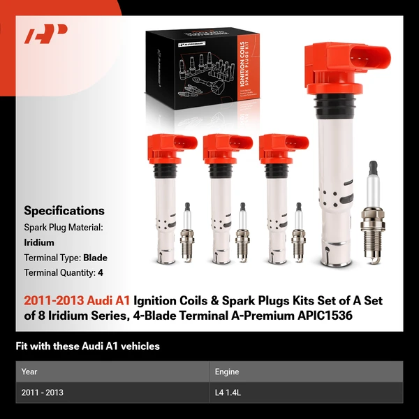 2011-2013 Audi A1 Ignition Coils & Spark Plugs Kits Set of A Set of 8 Iridium Series, 4-Blade Terminal A-Premium APIC1536