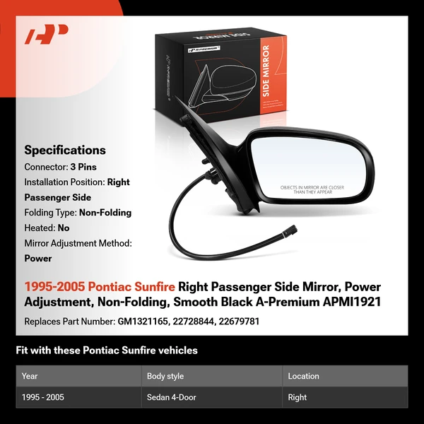 1995-2005 Pontiac Sunfire Right Passenger Side Mirror, Power Adjustment, Non-Folding, Smooth Black A-Premium APMI1921