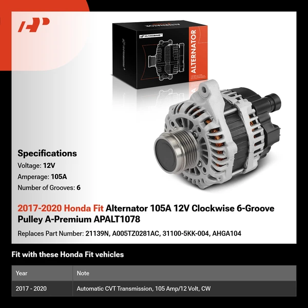 2017-2020 Honda Fit Alternator 105A 12V Clockwise 6-Groove Pulley A-Premium APALT1078