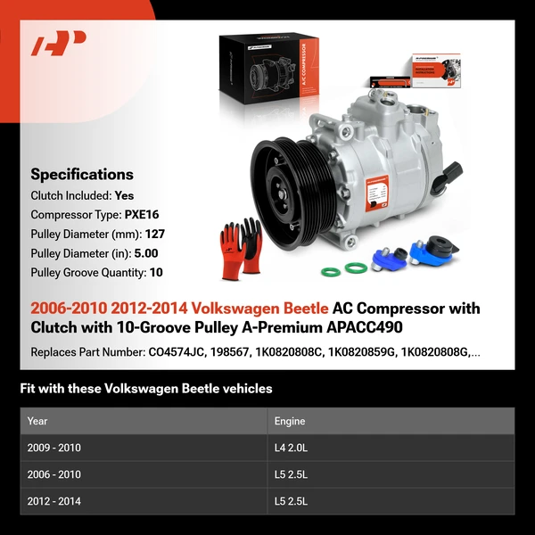 2006-2010 2012-2014 Volkswagen Beetle AC Compressor with Clutch with 10-Groove Pulley A-Premium APACC490