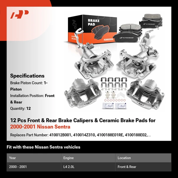 12 Pcs Front & Rear Brake Calipers & Ceramic Brake Pads for 2000-2001 Nissan Sentra