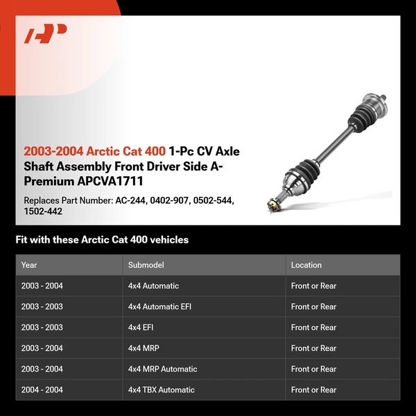 2003-2004 Arctic Cat 400 1-Pc CV Axle Shaft Assembly Front Driver Side A-Premium APCVA1711