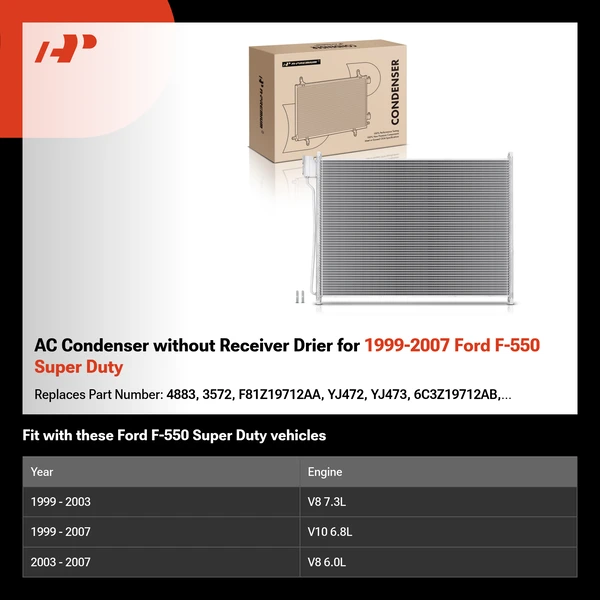 AC Condenser without Receiver Drier for 1999-2007 Ford F-550 Super Duty