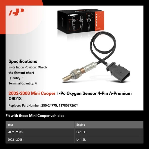 2002-2008 Mini Cooper 1-Pc Oxygen Sensor 4-Pin A-Premium OS013