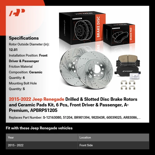 2015-2022 Jeep Renegade Drilled & Slotted Disc Brake Rotors and Ceramic Pads Kit, 6 Pcs, Front Driver & Passenger, A-Premium, APBRPS1205